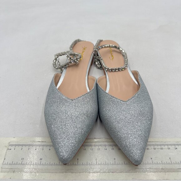 XYD Glitter Silver Pointed Toe Crystal Rhinestone Ankle Strap Flat Comfy Shoes